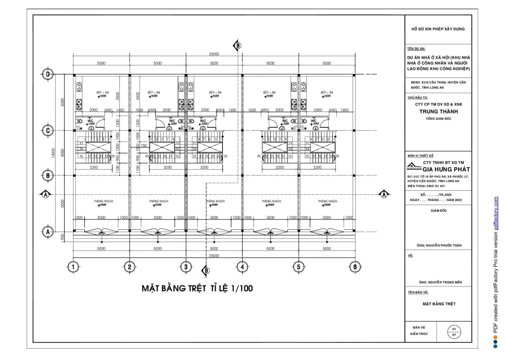 Mặt bằng trệt: phòng khách, bếp + ăn, WC