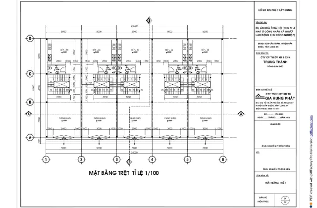 Mặt bằng trệt: phòng khách, bếp + ăn, WC